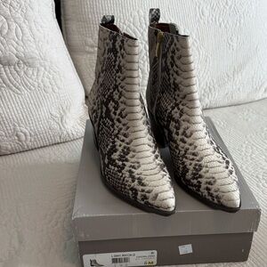 Franco Sarto Black and Cream Snake-Print Ankle Booties
